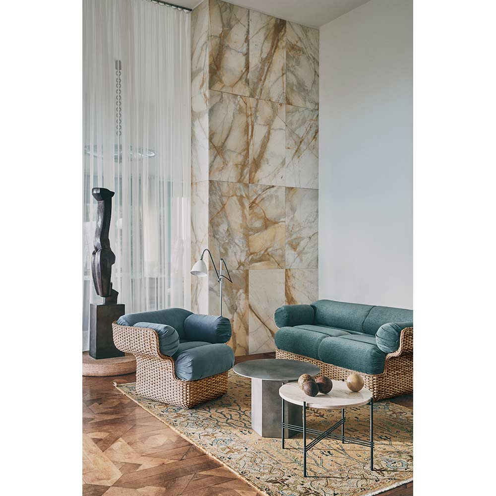 TS Round Coffee Table Small - Neutral White Travertine, Black