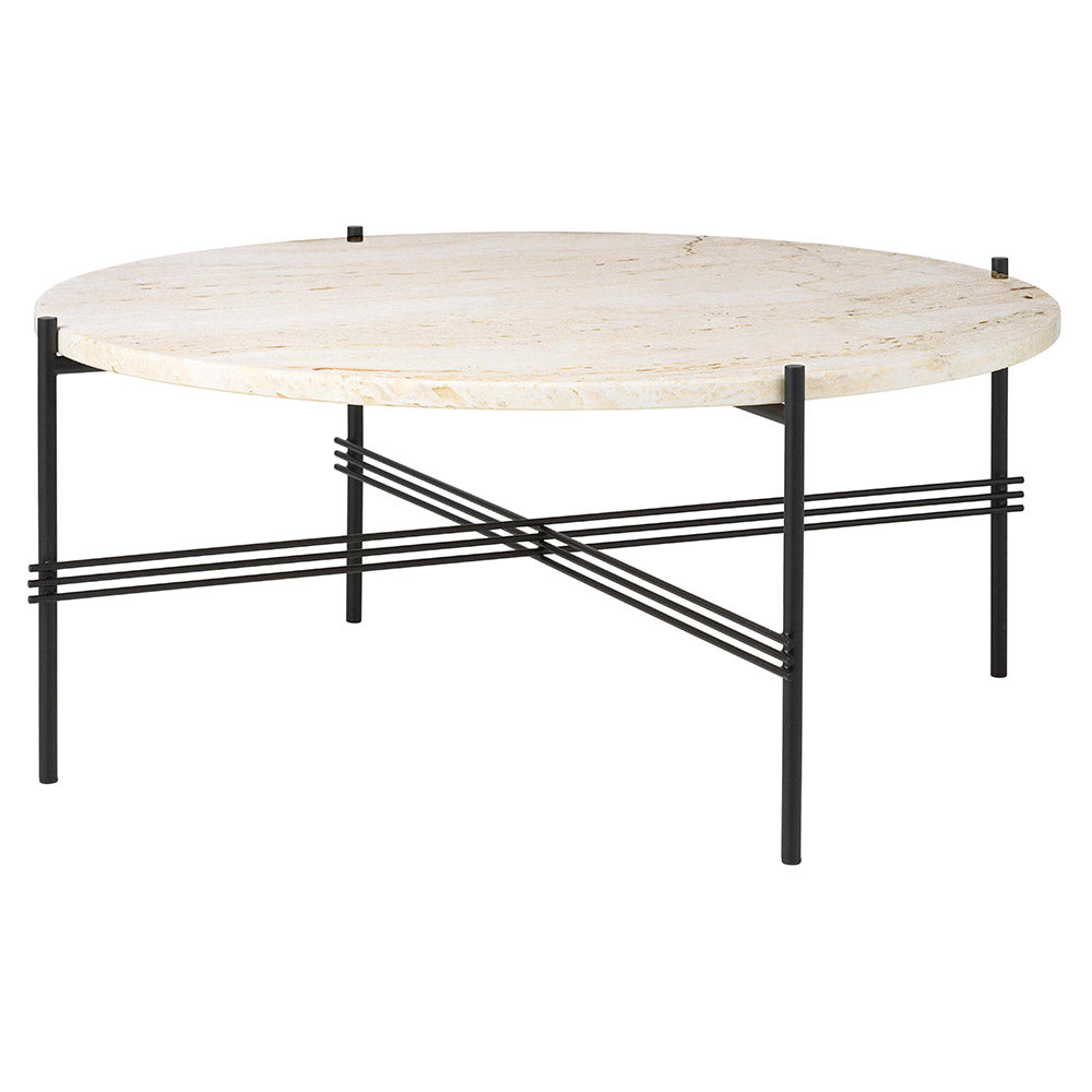 TS Round Coffee Table Medium - Neutral White Travertine, Black