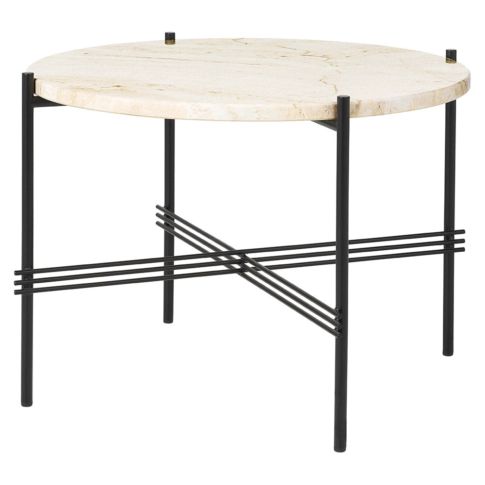 TS Round Coffee Table Small - Neutral White Travertine, Black