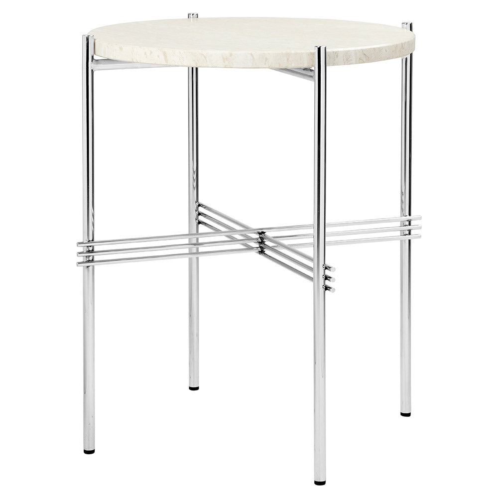 TS Side Table - Neutral White Travertine, Polished Steel