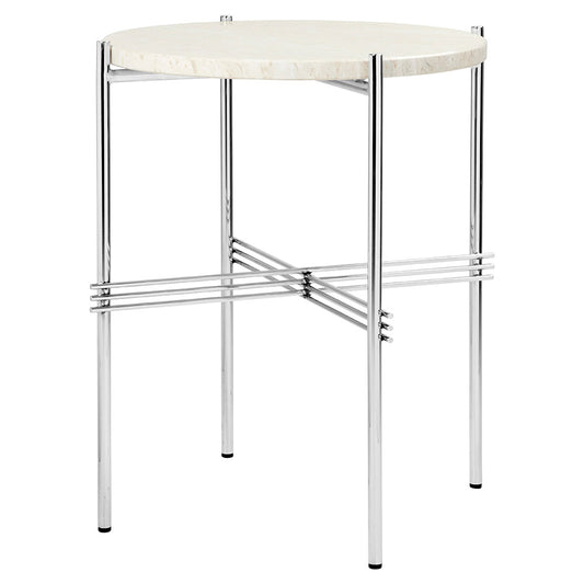TS Side Table - Neutral White Travertine, Polished Steel