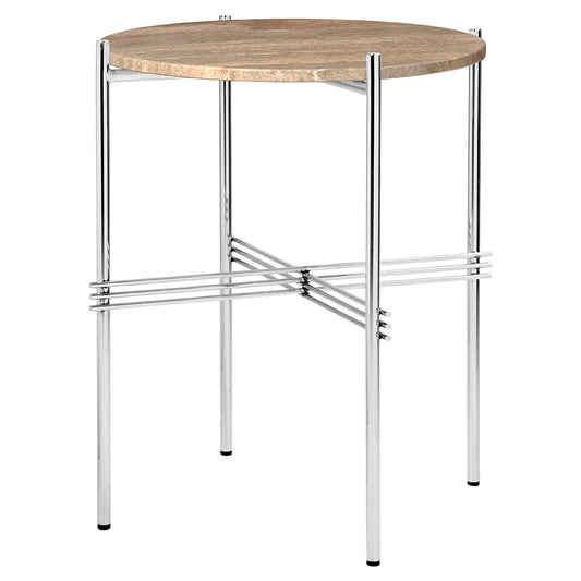TS Side Table - Warm Taupe Travertine, Polished Steel