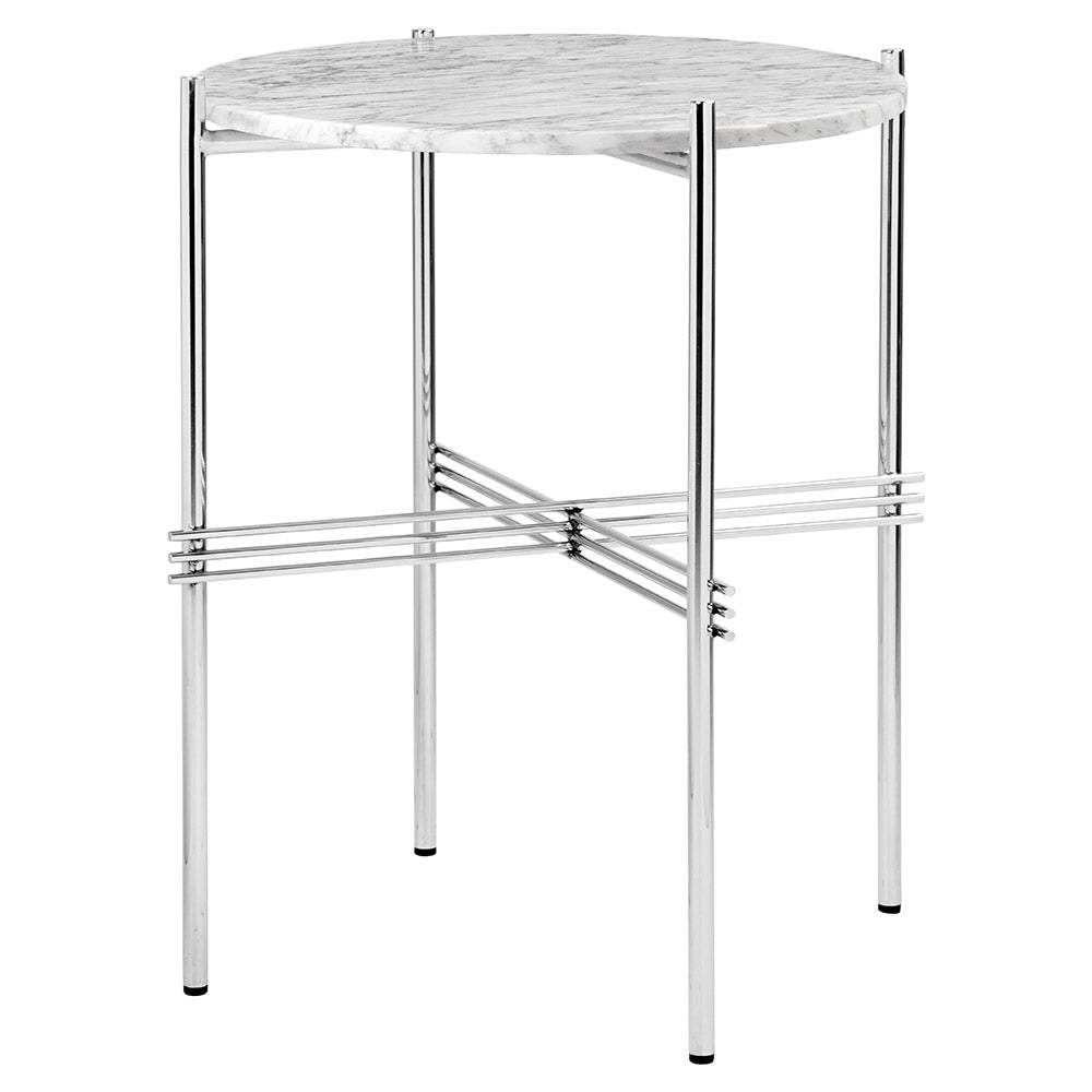 TS Side Table - White Marble, Polished Steel