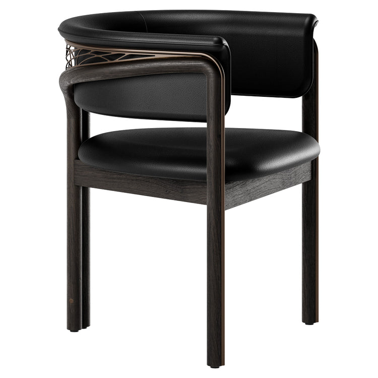 Volita Dining Chair - Black Leather, Bronze, Dark Brown Teak Frame