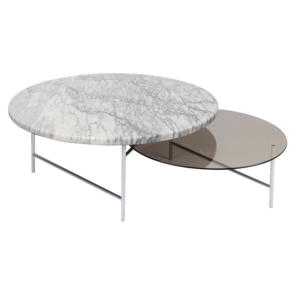 Zoro Coffee Table - White Marble, Smoked Glass Top